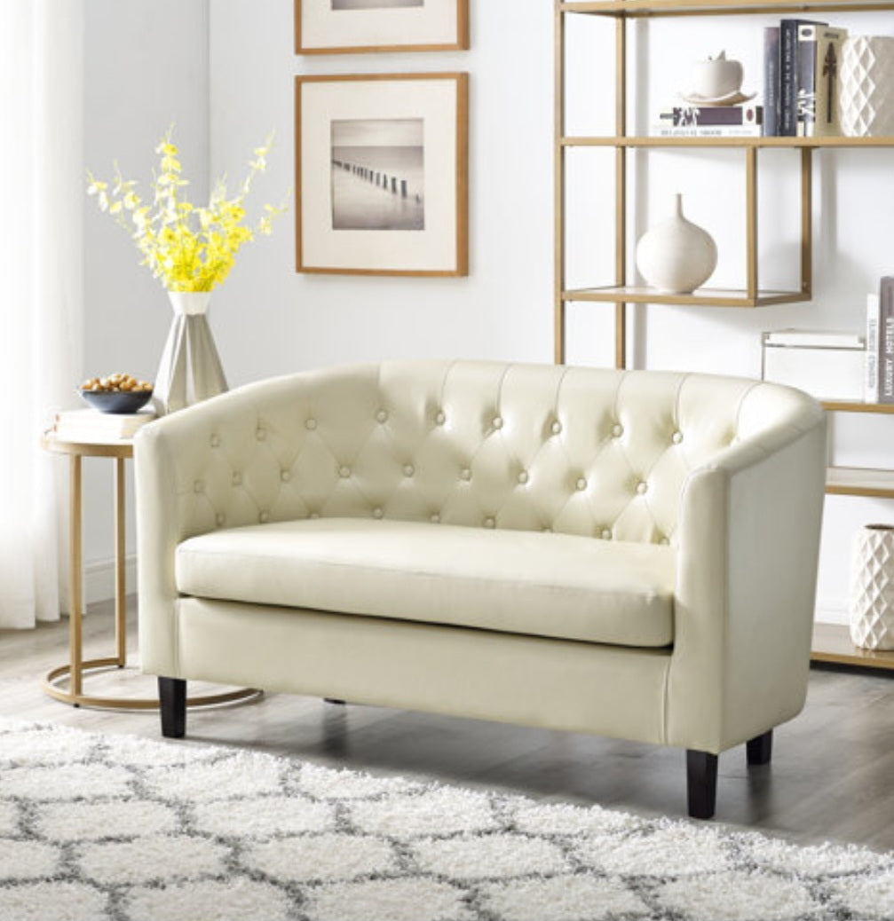 52" Vegan Leather Loveseat Sofa Couch Cream In Color Tufted Accents Ne