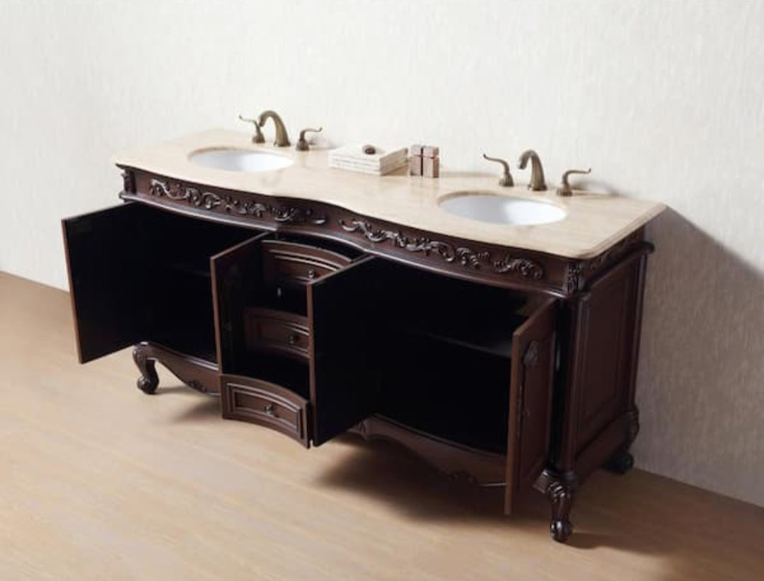 72" Double Sink Bathroom Vanity 3 Drawer Storage Marble Top Ne