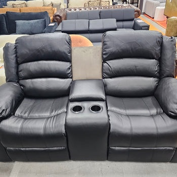 74" Vegan Leather Manual Reclining Loveseat Sofa With Cupholders And Storage New Black and Grey