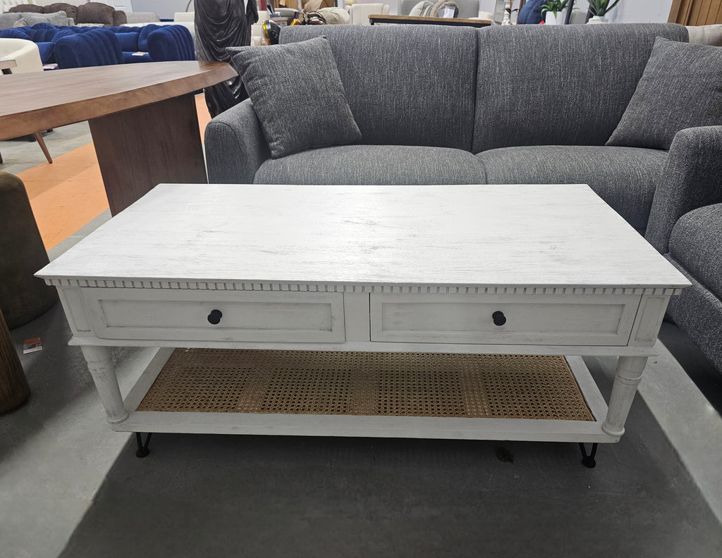 48" Solid Wood Coffee Table With Cane Storage Shelf Brand New Weathered White With Matte Black Accents
