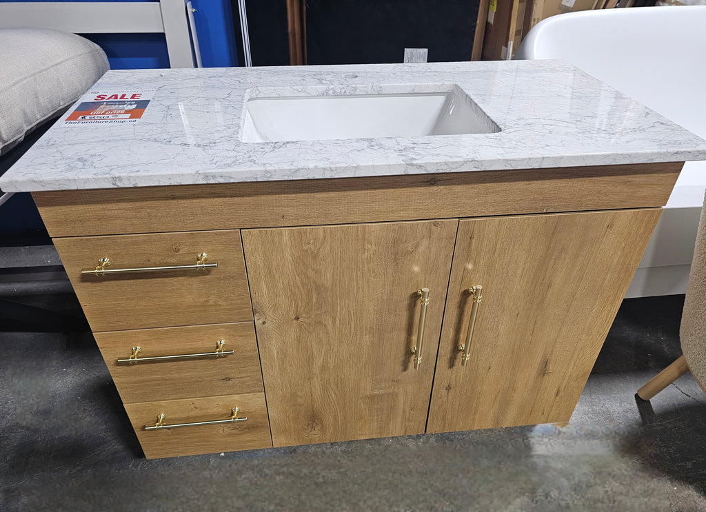 43" Bathroom Vanity With Solid Carrara Marble Top Vintage Oak In Color Ample Storage Sink Included Brand New Gold Accent