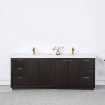 84" Double Bathroom Vanity Ample Storage New In Box Carrara Finish Marble Top Sinks Included 6 Drawers