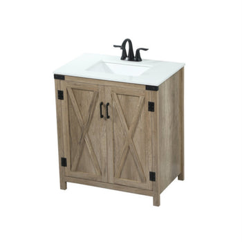30" Barn Door Single Sink Bathroom Vanity Set Rustic New In Box Quartz Top Ample Storage With Shelf
