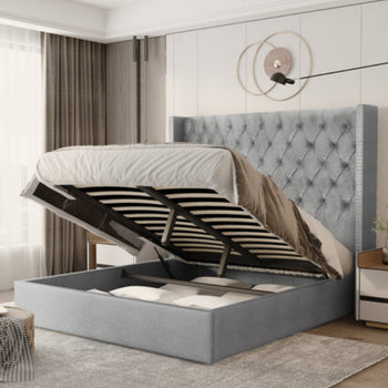 Tufted Upholstered Storage Bed Frame New Queen Size Plush Velvet Bedroom Furniture Grey In Color