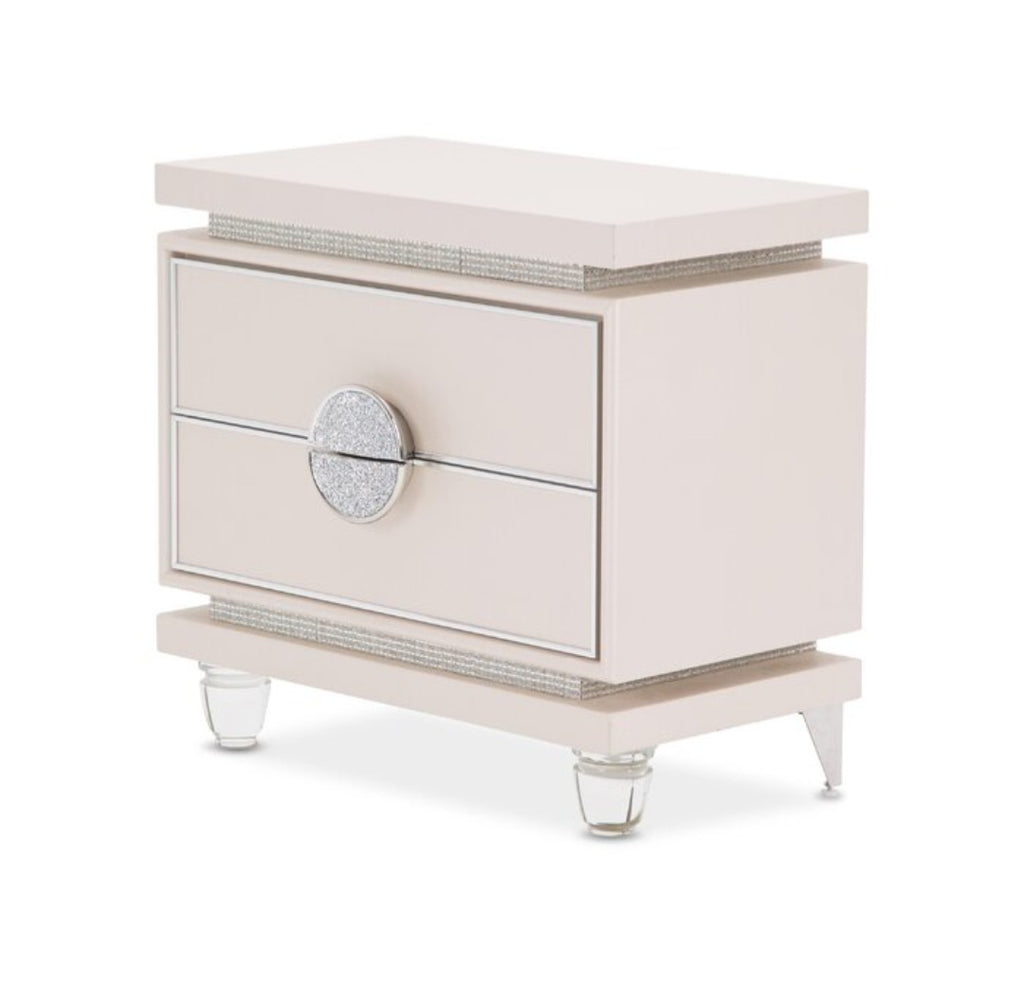 Michael Amini Designer 2 Drawer Nightstand Accent Cabinet Storage Upholstered In Ivory Vinyl
