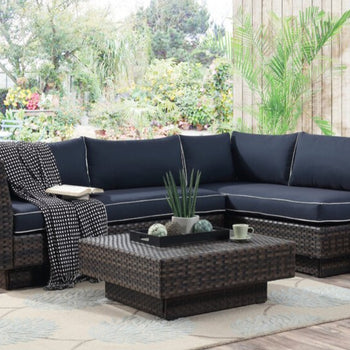 Wicker Rattan 3 Piece Patio Sectional Sofa Couch With Coffee Cocktail Table Conversation Set New Navy Blue Cushions