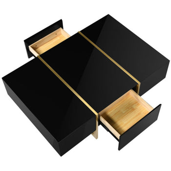 Black Modern Designer Sled Coffee / Cocktail Table With Drawer Storage Gold Base New Fully Assembled Beautiful