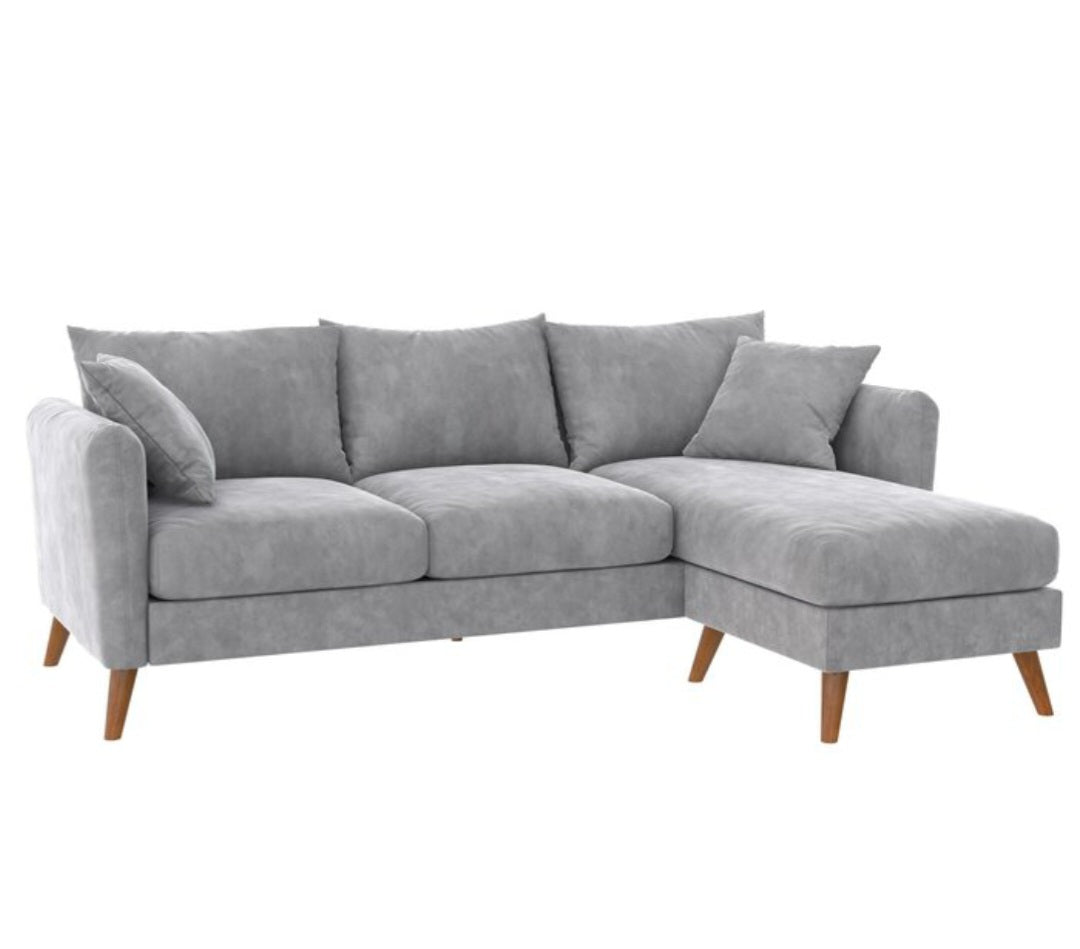 83.5" Sectional Sofa Couch With Chaise New Grey Velvet Mid Century Mod