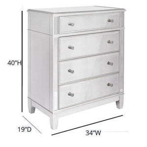 34" Mirrored 4 Drawer Dresser Chest Ample Storage Antique Silver Finish New In Box Soft Close