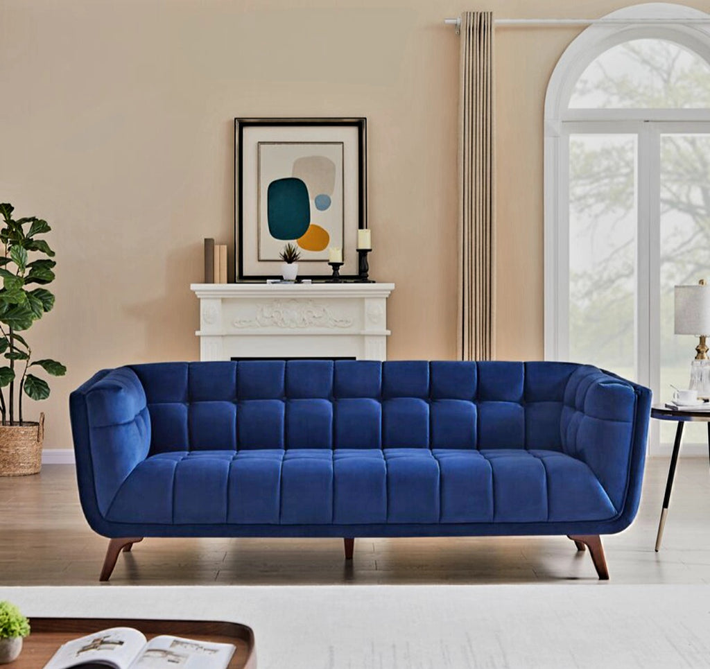 Designer Navy Blue Velvet 86" Round Arm Sofa New Plush Modern Tufted Accents Quality Furniture