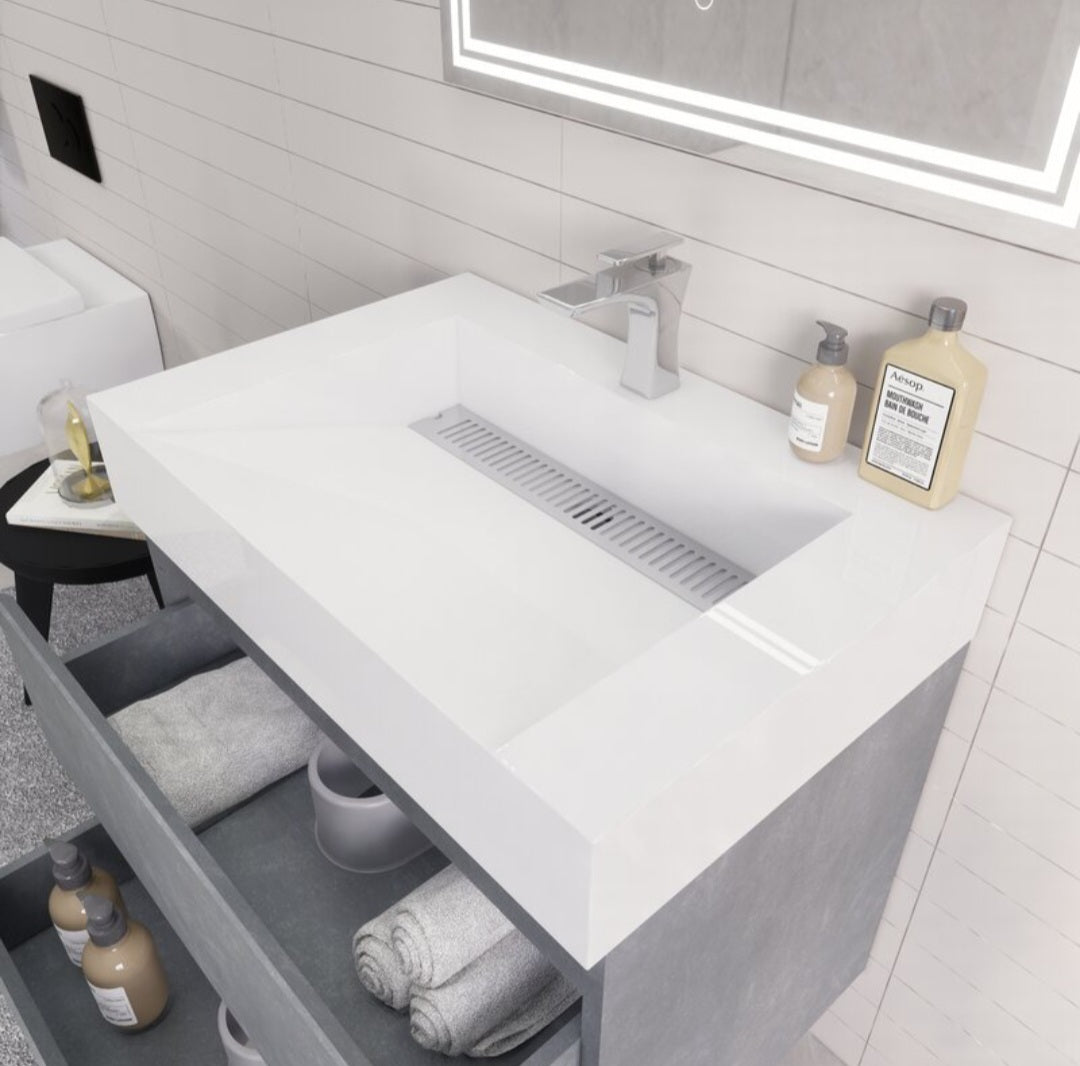 29.5'' Wall Mount Single Sink Bathroom Vanity White Acrylic Top Grey C