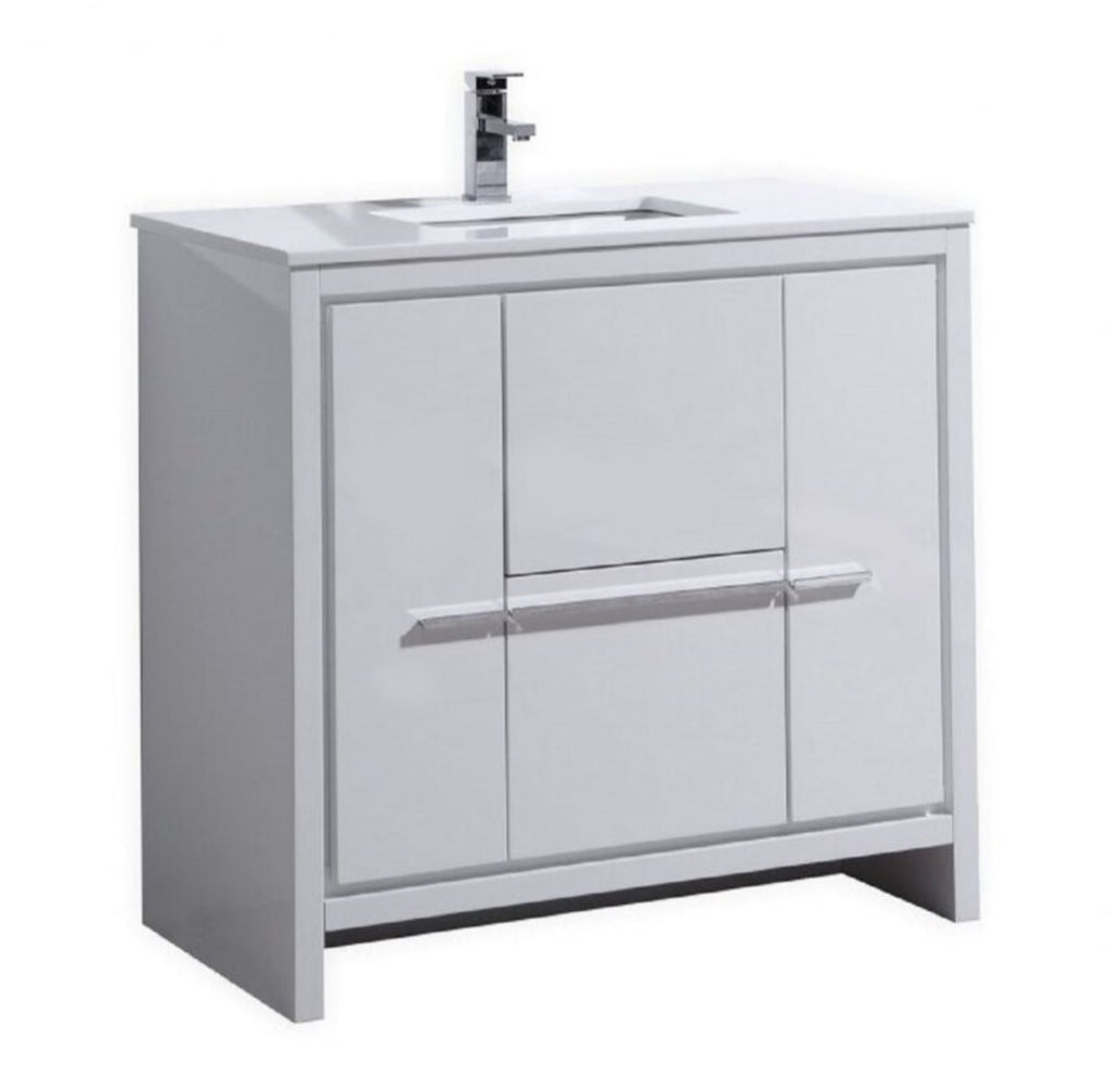 35'' Freestanding Bathroom Vanity Set Cabinet / Drawer Storage Quartz Stone Top Modern New Gloss White