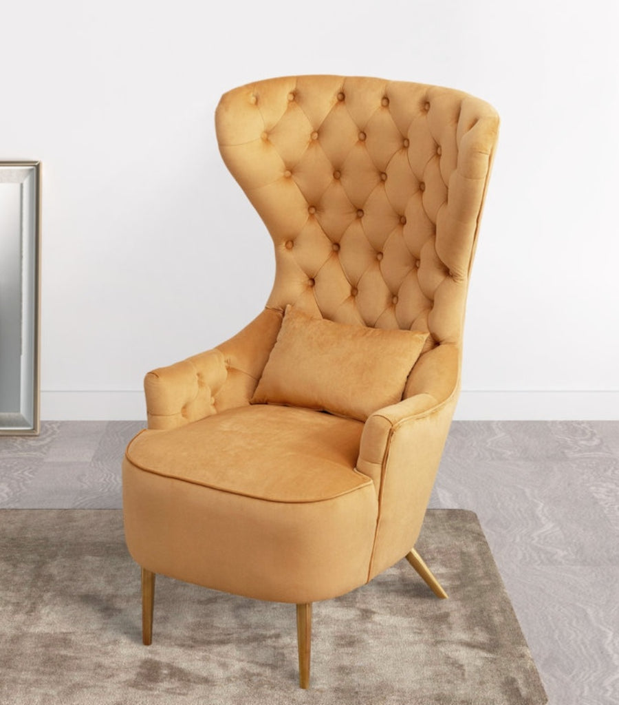 Quality Velvet Wingback Chair New Comfortable Assembled With Pillow Camel Color Gold Legs Modern