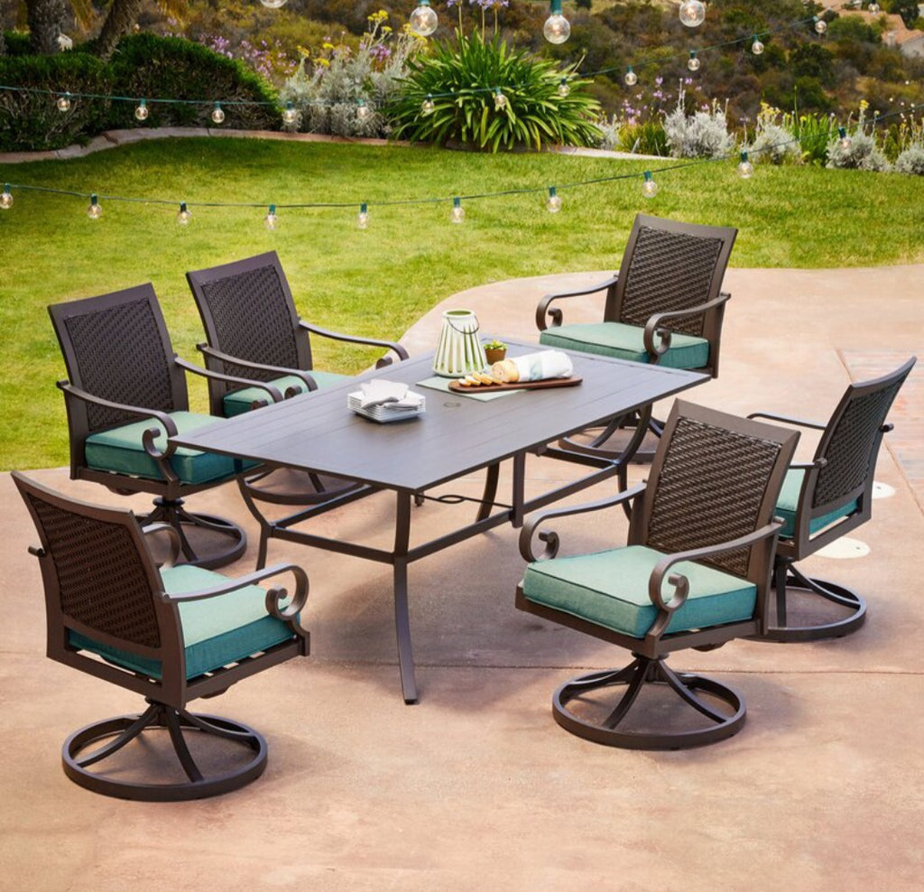 7 Piece Patio Dining Set Includes Table and 6 Swivel Chairs Teal Olefin Upholstery New Aluminum Construction W/ Umbrella Hole