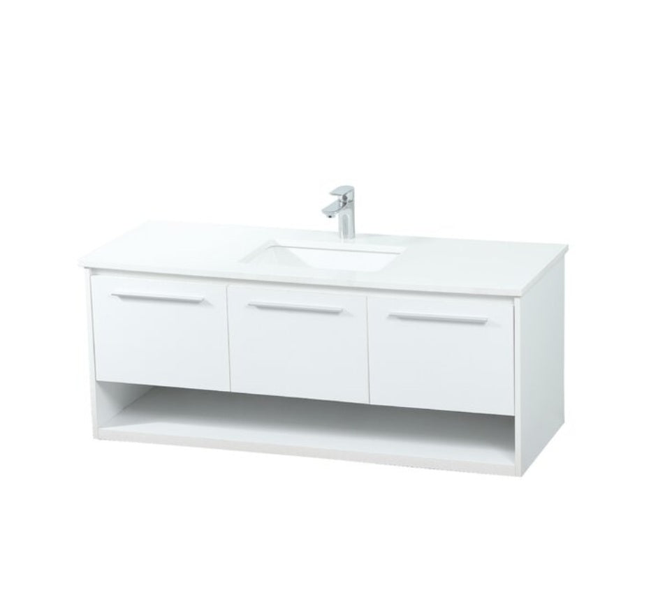 48'' Single Sink Bathroom Vanity Set Engineered Marble Stone Top Floating Wall Mount New White Modern Design