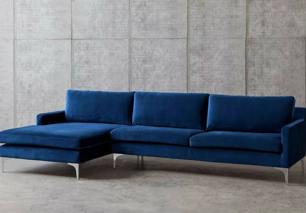 118" Modern Plush Velvet Sofa Sectional With Chaise Navy Blue Comfortable Designer Quality New