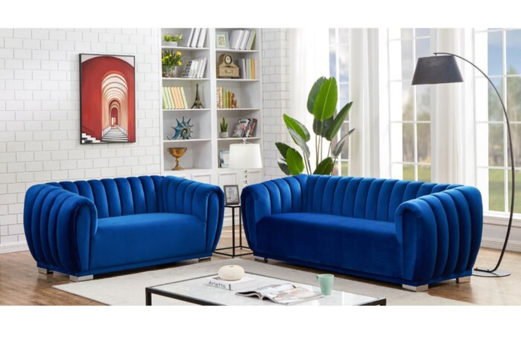 Navy Blue Tufted Velvet Living Room Set Includes 91" Sofa Couch and 69" Loveseat Plush Comfortable New Chrome Accents