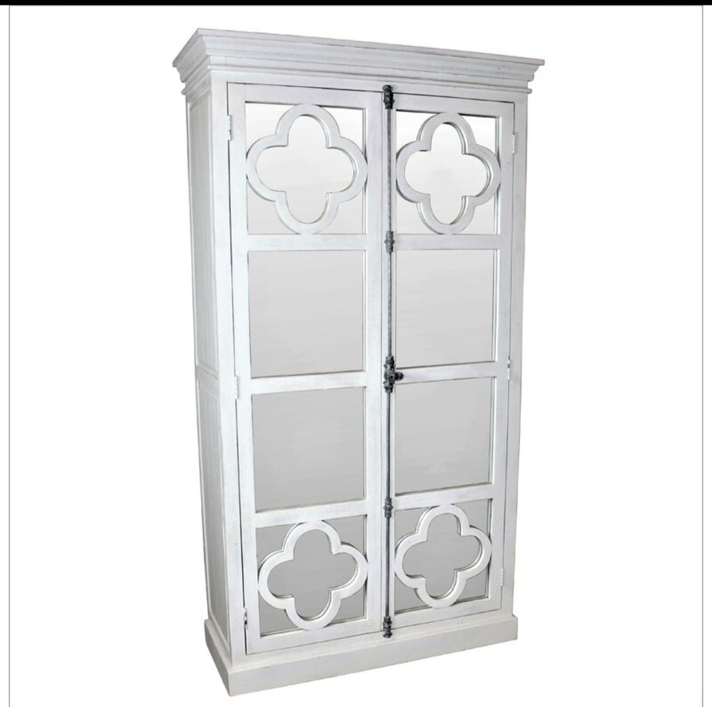 87.5" Solid Wood Cabinet Closet Armoire Mirrored Antique Whitewash Finish Ample Storage Contemporary Quality