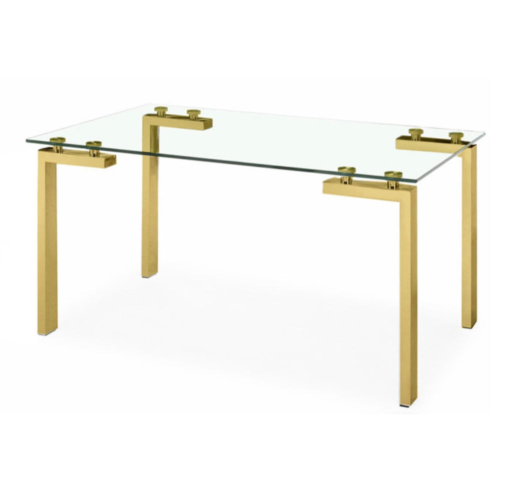 Modern Contemporary 52" Tempered Glass Dining Kitchen Table Stainless Steel Legs Gold Finish New Durable