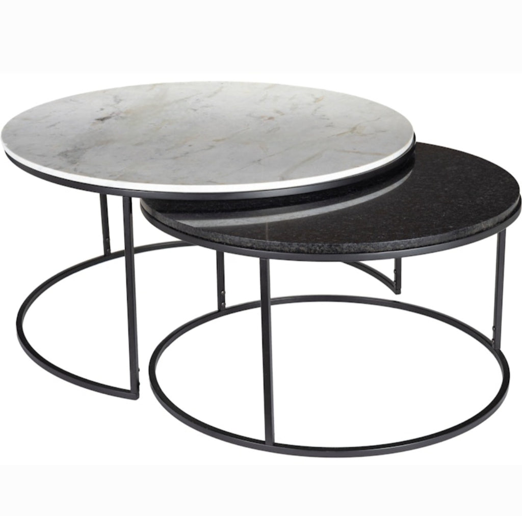 Set of 2 Modern Nesting Coffee Table Brand New Home Decor Metal Black Finish Marble Top Solid & Durable