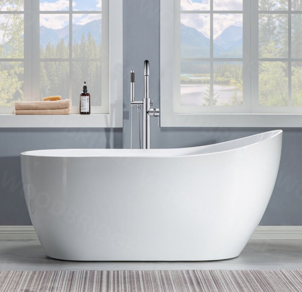 Woodbridge 59" x 28" White Acrylic Freestanding Slipper Soaking Bath Tub Brand New Includes Drain and Overflow In Chrome