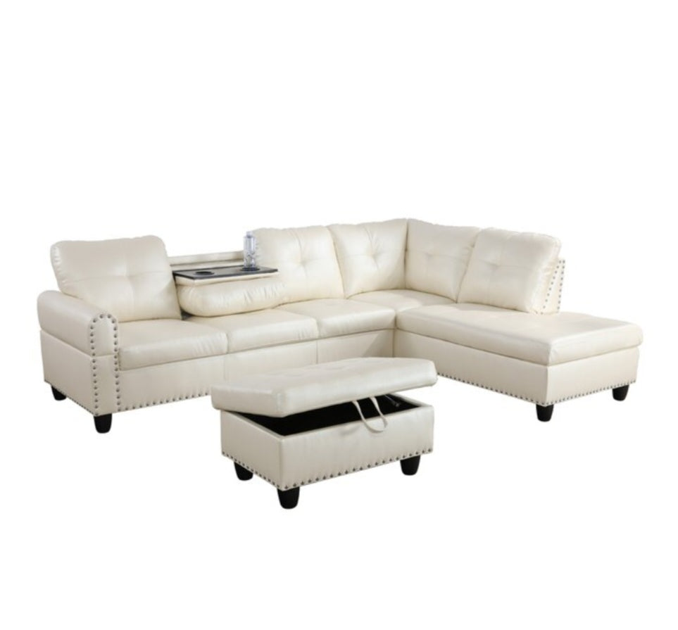 97" Sofa Sectional Couch With Chaise New Vegan Leather W/ Storage Ottoman Pearl White New