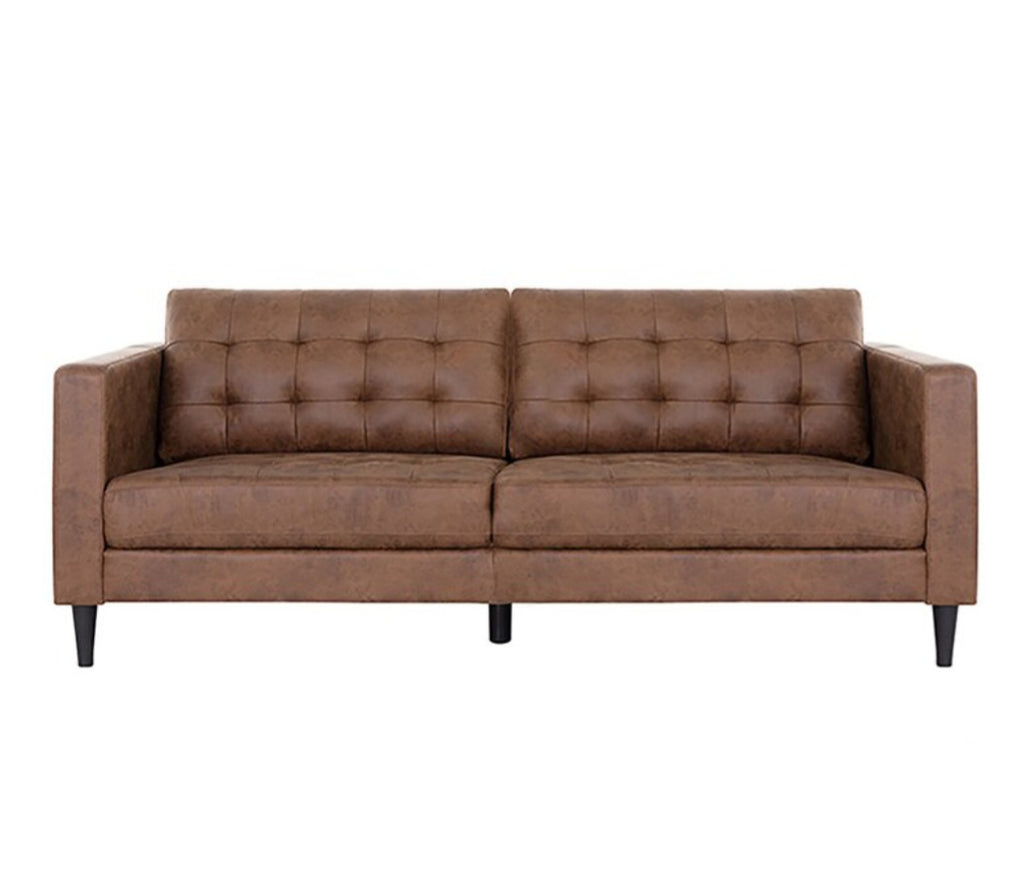 78" Mid Century Modern Vegan Leather Sofa Couch Tufted Accents Beautiful Brand New Saddle Brown Finish