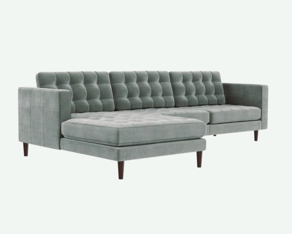 113" Mid Century Modern Plush Velvet Sofa Sectional Couch W/ Chaise Steel Grey Comfortable Designer Quality New