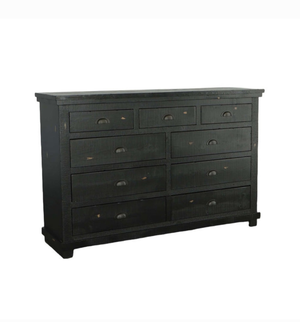 9 Drawer 64" Dresser Chest New Distressed Rustic Weathered Black Ample Storage Bedroom Furniture