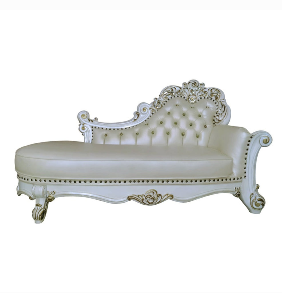 Chaise Lounge Chair Brand New Cream Vegan Leather Gold Accents Nailhead Trim Intricate Ornate Detail Designer