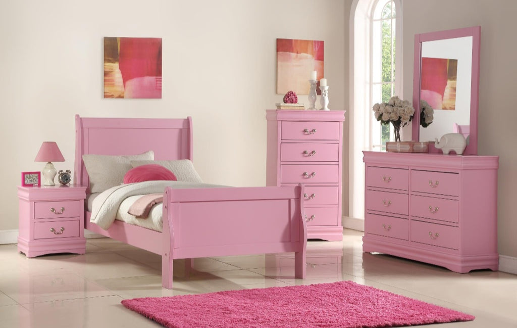 5 Piece Bedroom Set Includes Dresser / Mirror / Chest / Nightstand Twin Size Bed New In Box Pink In Color