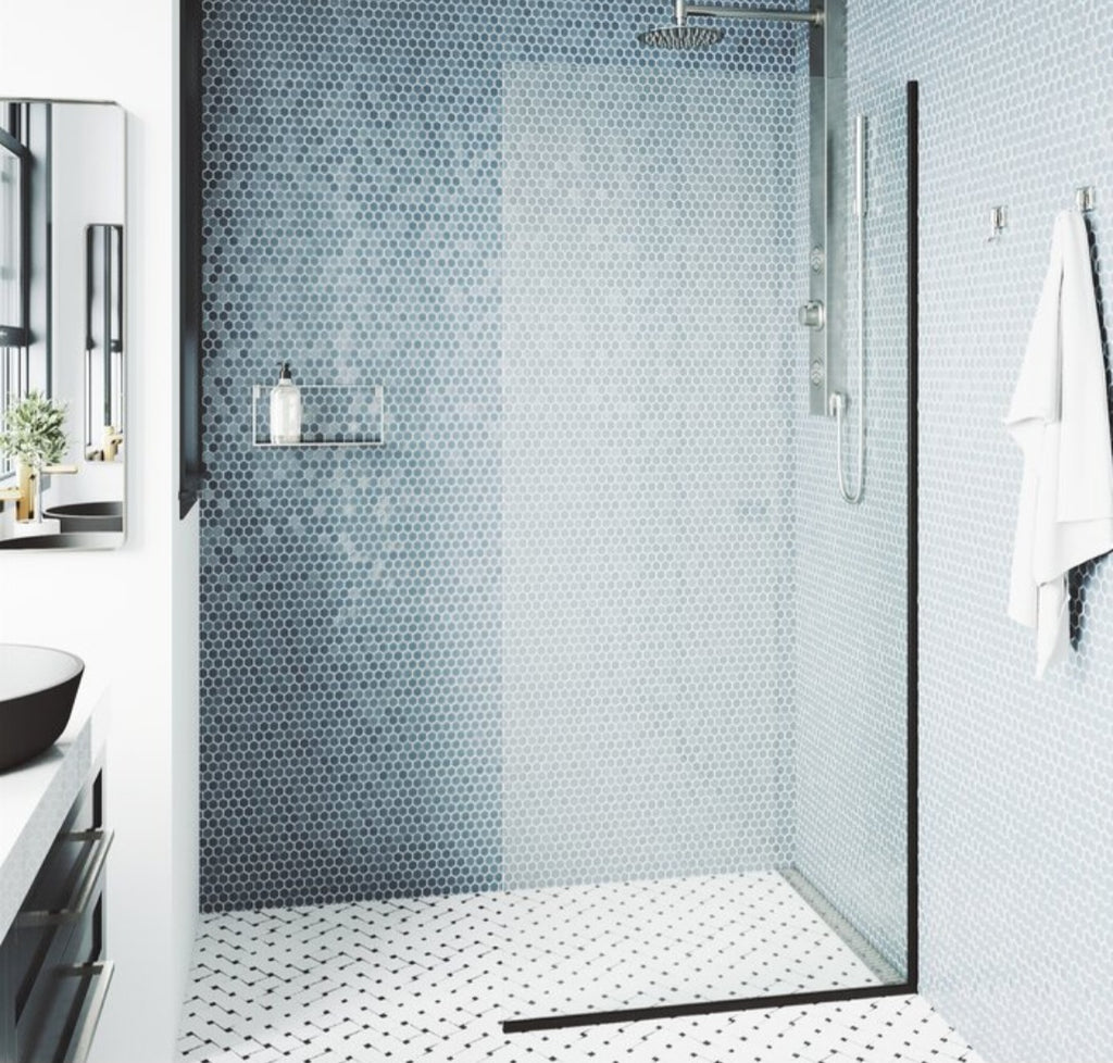 VIGO 34" x 74" Frameless Fixed Bathroom Shower Screen Panel Tempered Glass With Matte Black Hardware Modern