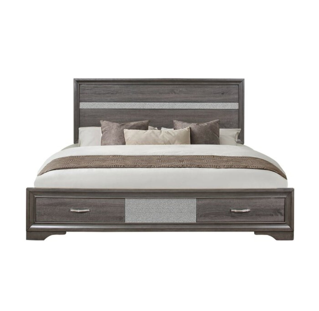 Queen Size Bed Frame With Headboard and Storage 2 Drawer New Bedroom Furniture Grey Wash Finish
