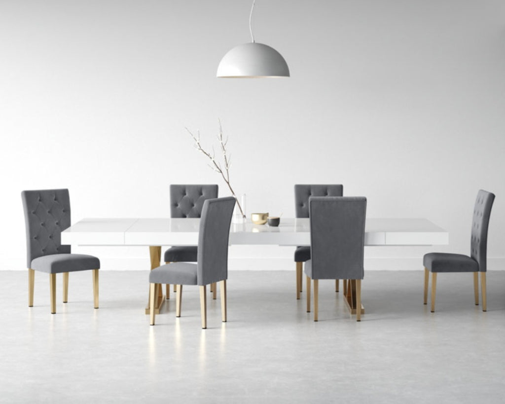 Quality Grey Velvet Dining Chair Set of 6 Gold Stainless Steel Legs Solid and Durable Comfortable Seat Tufted