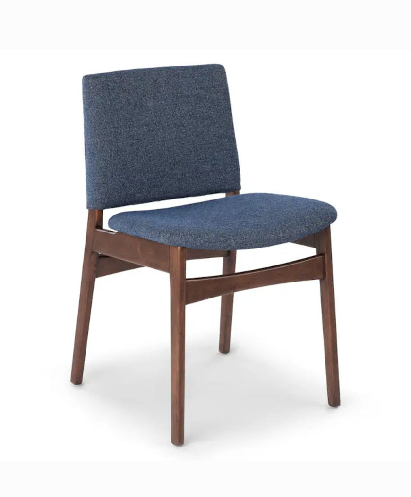 Set of 2 Upholstered Dining Chairs New In Box Denim and Walnut In Color Mid Century Modern Design Quality