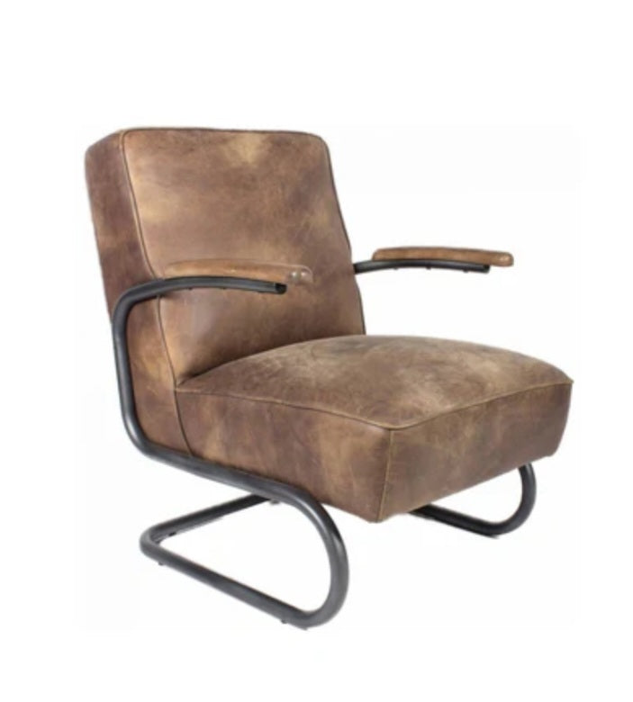 Moe's Designer Mid Century Modern Iron Metal & Genuine Top Grain Leather Club Chair Solid and Durable Quality New