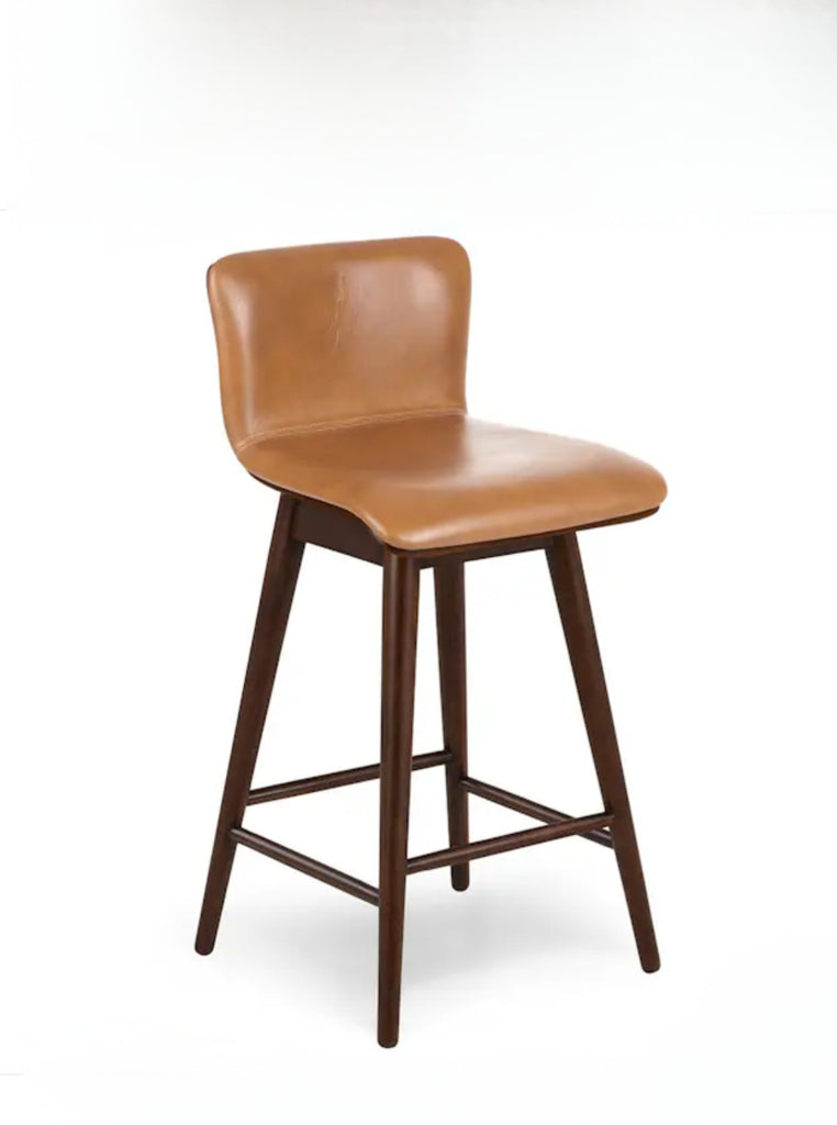 Tan Leather & Walnut Counter Height Swivel Dining Bar Stool New Designer Quality Mid Century Modern