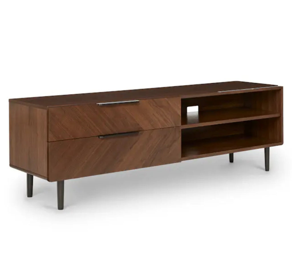 63" Mid Century Modern 2 Drawer Media Unit Sideboard Buffet Cabinet With Display or Storage Shelf Designer Furniture New