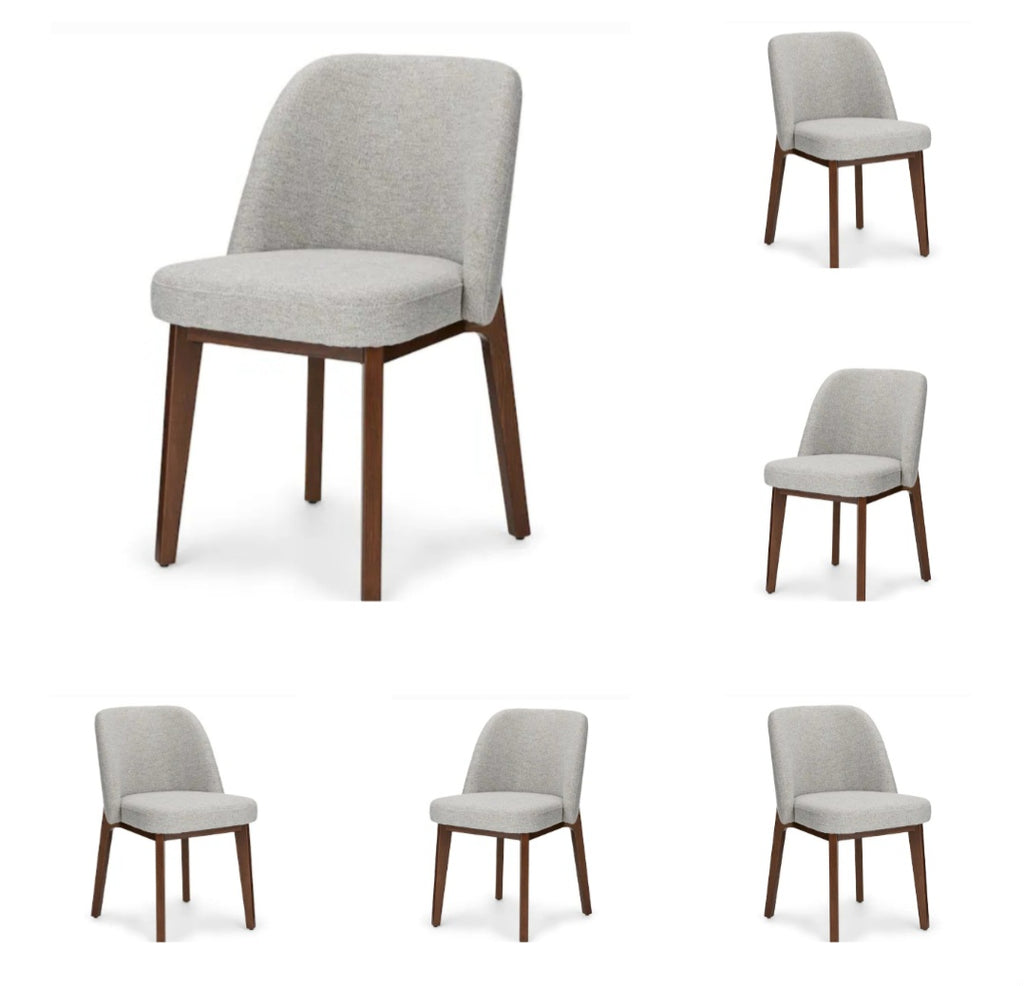 Set of 6 Upholstered Dining Chair Brand New Grey and Walnut Wood Finish Mid Century Modern Designer Quality