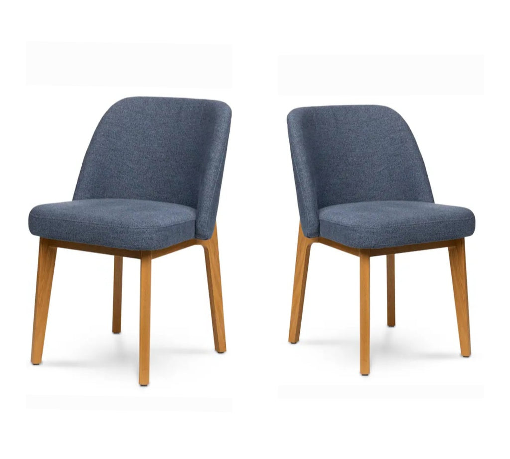 Set of 2 Upholstered Dining Chair Brand New Two Tone Blue and Oak Wood Finish Mid Century Modern Designer Quality