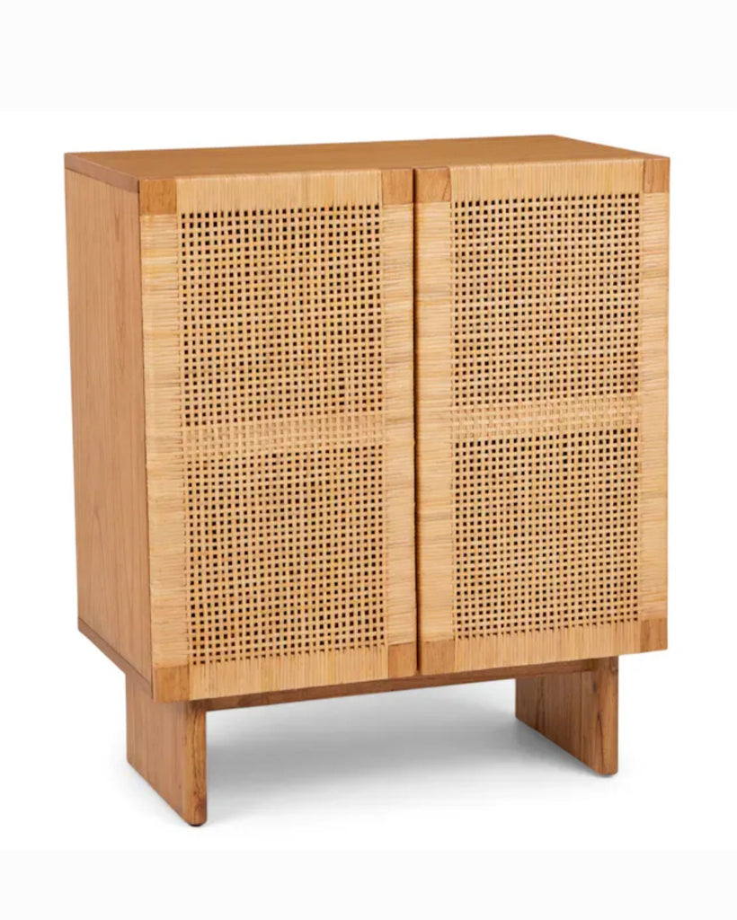 28" Wide 2 Door Rattan Accent Storage Cabinet Chest Oak Finish Adjustable Shelves Designer Mid Century Modern Quality New