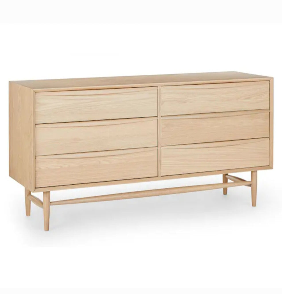 63" Wide 6 Drawer Double Dresser Chest White Oak Finish Designer Mid Century Modern Quality New Ample Storage