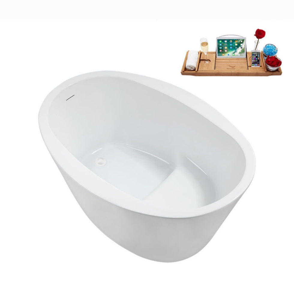 50.8'' x 35.4'' Freestanding Soaking Acrylic Bathtub Reversible Drain With Bamboo Tub Tray Built In Seat  New White / Chrome