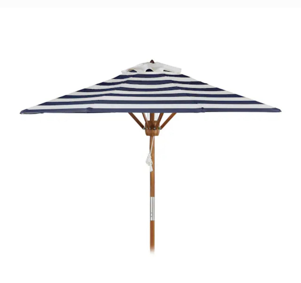 7' 6" Outdoor Patio Umbrella New Navy and White Stripe Solid Wood Pole Adjustable Designer Quality