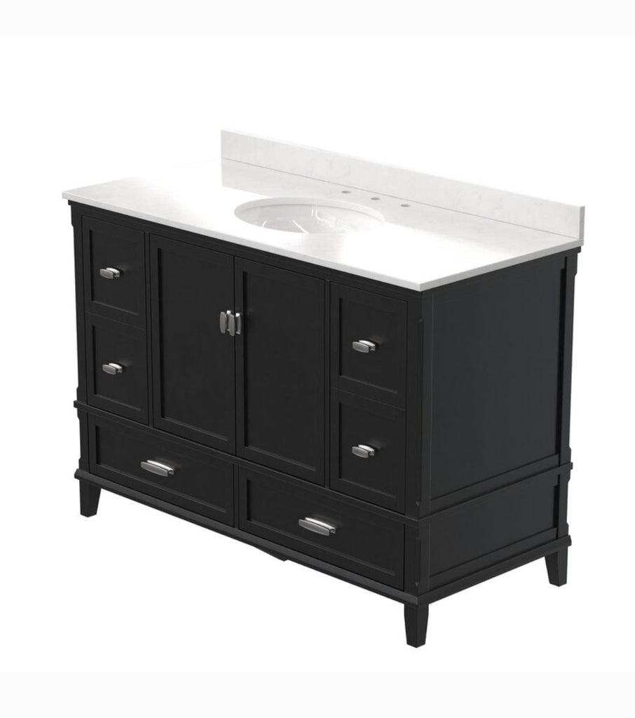 48" Bathroom Vanity Engineered Stone Top Ample Storage Black Includes Oval Sink New Fully Assembled 6 Drawer