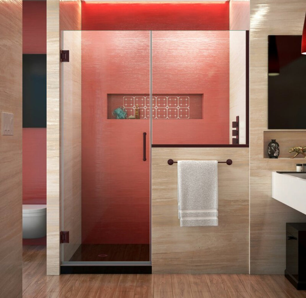 Dreamline Unidoor Plus 48" W x 72" H Pivot Frameless Shower Door Reversible Tempered Glass Oiled Bronze Finish