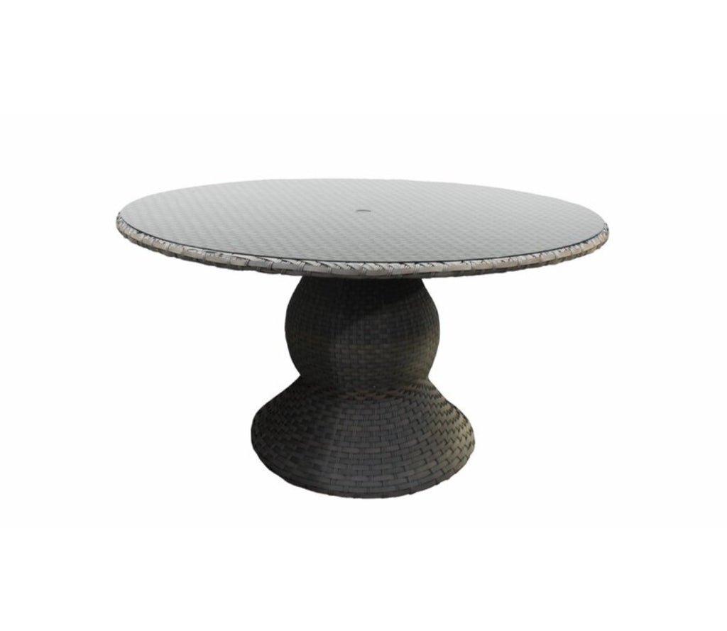 60" Round Patio Dining Table Wicker Ratten Brand New Tempered Glass Top With Umbrella Hole