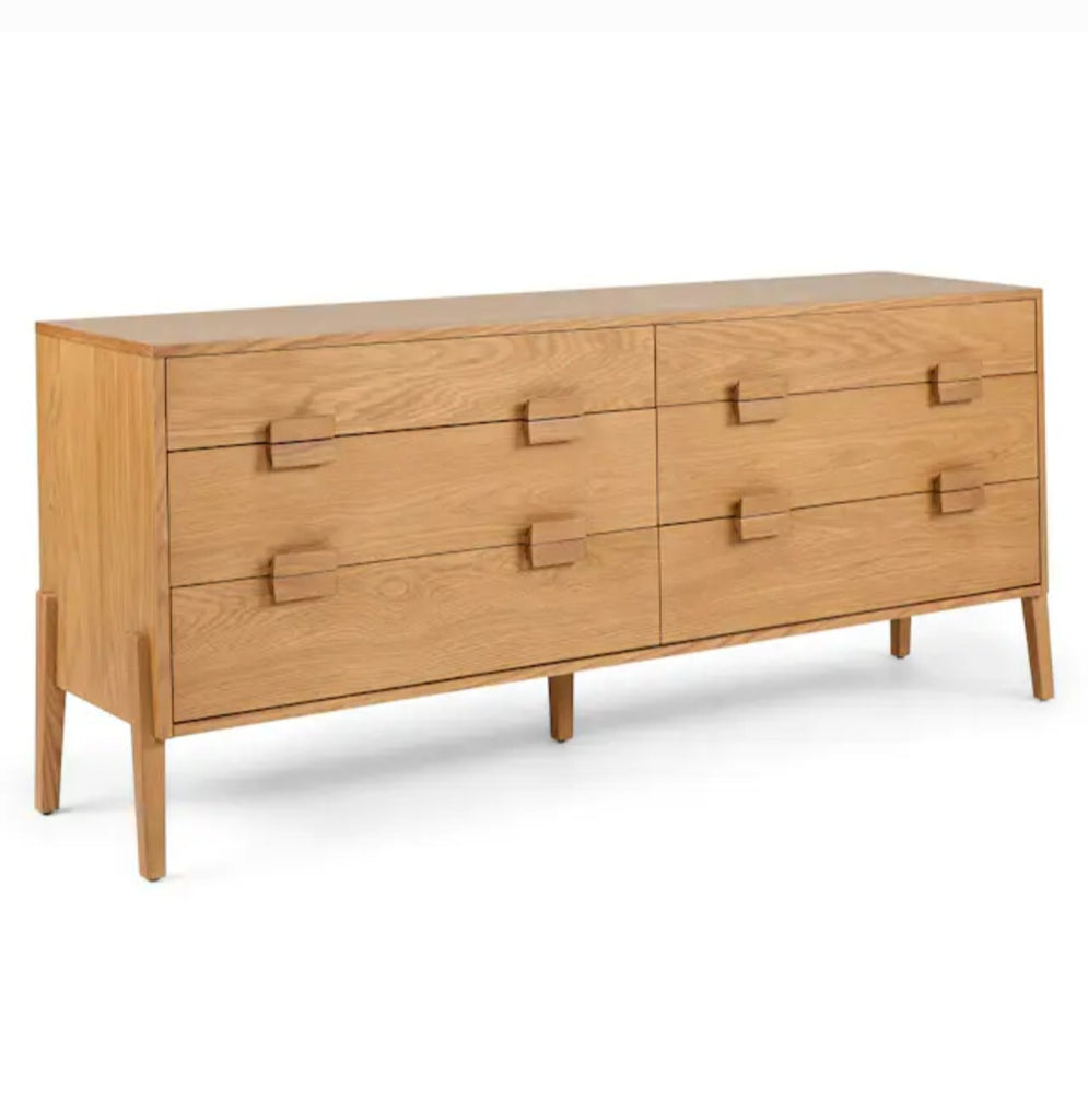 69" Wide 6 Drawer Double Dresser Chest Oak Finish Designer Mid Century Modern Quality New Ample Storage