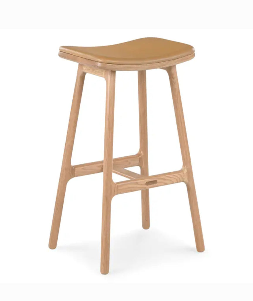 Set Of 2 Roam Tan Top Grain Leather & Oak Counter Height Stool New Designer Quality Fully Assembled