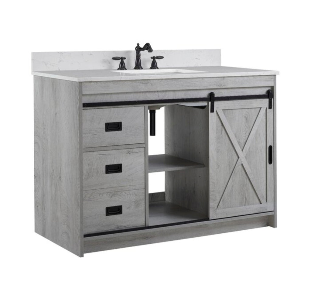 Rustic Sliding Barn Door 48" Bathroom Vanity With Drawer and Cabinet Storage New Carrara Finish Stone Top